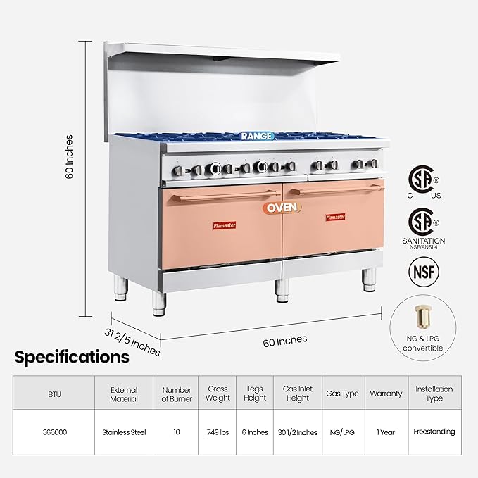Commercial 60" Gas Range with Convection Oven, 10 Open Burners and Under Full Size Oven 300000 BTU & 33000 Static Oven,NG/LPG Conversion kit, Manual Gas Valve,Freestanding Gas Range for Restaurants