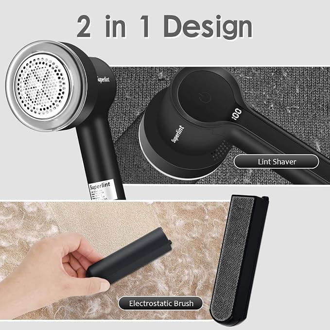 SuperLint 2-in-1 Rechargeable Fabric Shaver LED 3-Speed Lint Remover Black | - Image 2