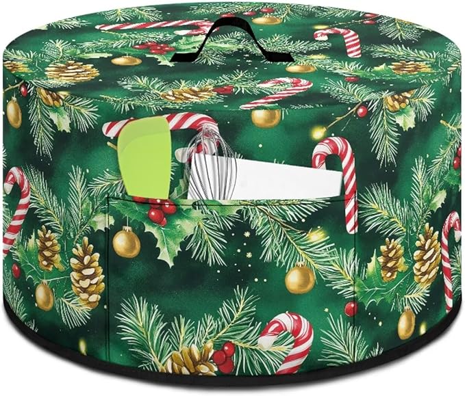 Holly Candy Cane Pinecone Print Slow Cooker Cover with Storage Pocket Stain Resistant Slow Cooker Cover for Kitchen Christmas Decor Extra Accessories Fit 6/7/8 Quart Electric Oval Crock Pot