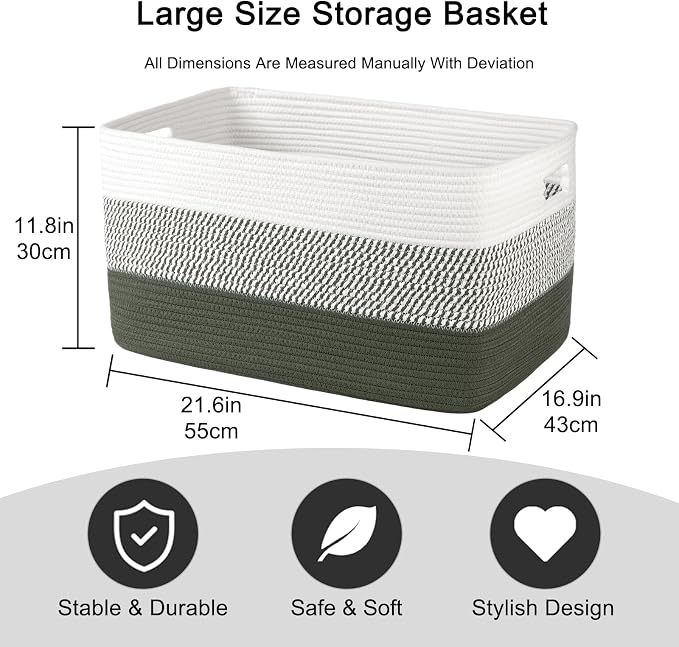 OIAHOMY Blanket Basket Laundry Basket Dog Toy Basket 75L Green/White - Image 3