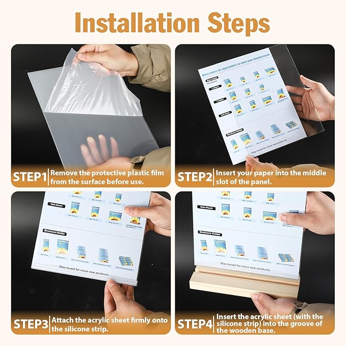 6pack 8.5x11 Acrylic Sign Holder with Wood Base for Picture Frames,L/T Shape Double Slot Design for Vertical or Slant Back Display, for Restaurant, Office, School, Store and Home Use