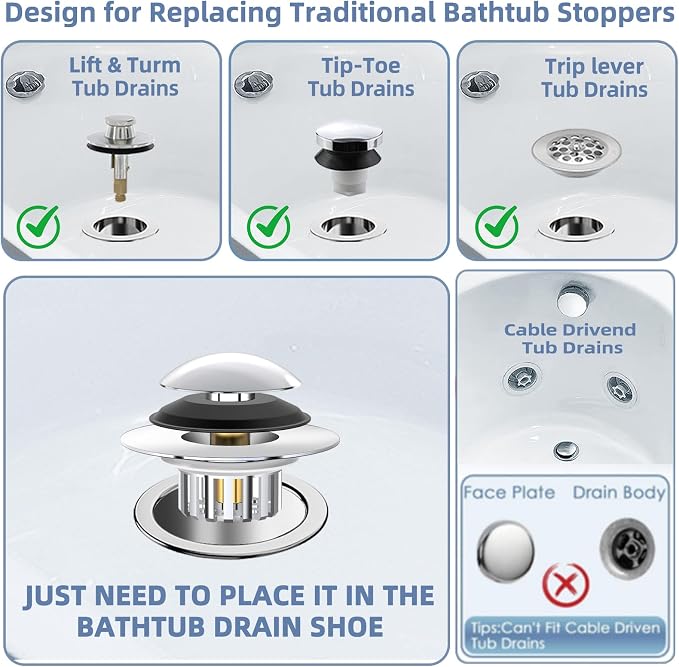Universal 3 in 1 Bathtub Drain Stopper Bathtub Drain Hair Catcher, Pop-up Tub - Image 6