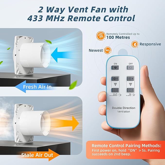 Bathroom Exhaust Fan with Remote, 2 Way 6 Speed Upgraded Powerful Low Noise Vent Fan 3000RPM DC Motor Energy Saving Household Ventilation Fans for Attic Basement Garage Washroom V116A24