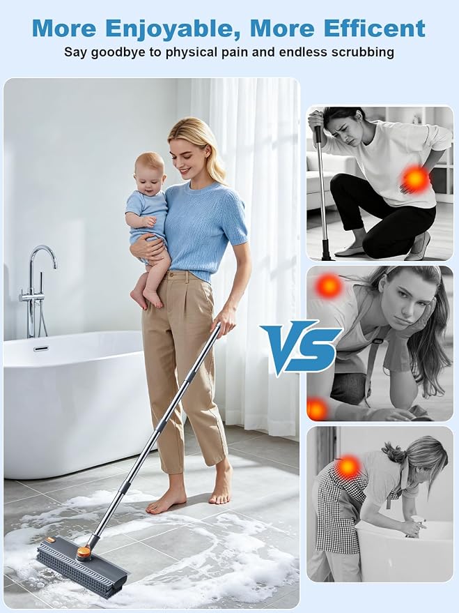 Floor Scrub Brush with Long Handle, 4 in 1 Shower Scrubber with Floor Squeegee - Image 2