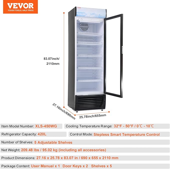 VEVOR Commercial Merchandiser Refrigerator, 14.8 Cu.Ft / 420L Beverage Refrigerator Cooler Merchandiser, Glass Door Display Refrigerator Upright Fridge with 5 Adjustable Shelves, Customizable Lightbox