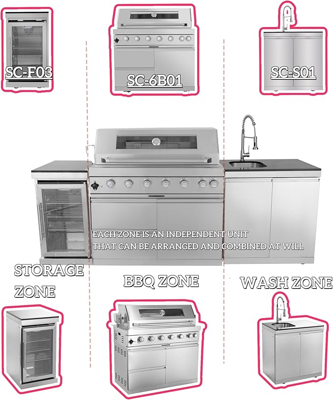 96'' 6-Burner 85000 BTU Deluxe Stainless Steel Propane Gas Outdoor Kitchen Barbecue Island Grill, Wine Cooler Compact Refrigerator, Rotisserie Kit, Granite Countertops, Stainless Steel Sink, Silver