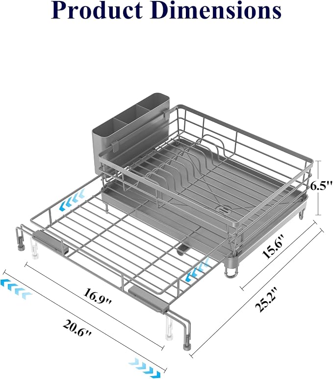 Kitsure Adjustable Dish Drying Rack, 15.6''-25.2''L × 16.9''W, Rust-Resistant - Image 3