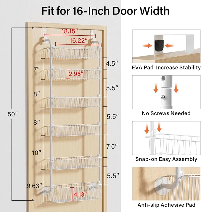 Delamu Large Over the Door Pantry Organizer, 6-Tier Metal Pantry Door - Image 3