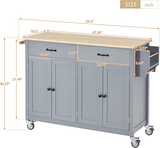 Favfurish Kitchen Island Cart on Locking Wheels with 4 Cabinet and 2 Drawers, Rolling Coffee Bar Trolley w/Solid Wood Tabletop, Adjustable Shelves, Spice & Towel Side Rack, for Dining Room, Gray