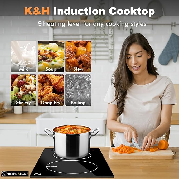 K&H 2 Burner 12 Inch Built-in Induction Electric Stove Top Ceramic Cooktop 120V 1800W INDV-1802-120