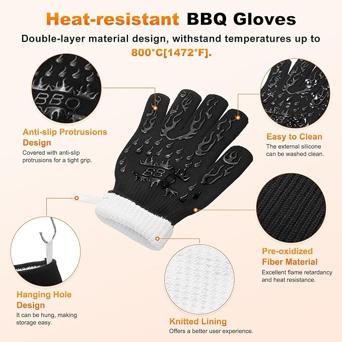 1-Pair BBQ Gloves, 1472°F Heat Resistant Non-Slip Grilling Oven Gloves for Barbecue/Baking/Cooking [S Size, Black]