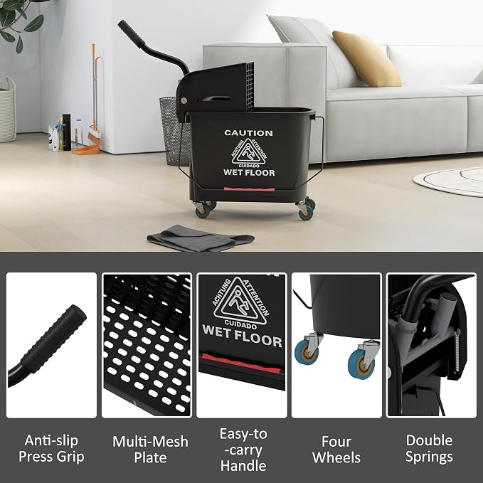 HOMCOM Commercial Mop Bucket Side Press Wringer Wheels 21 Quart Black - Image 8