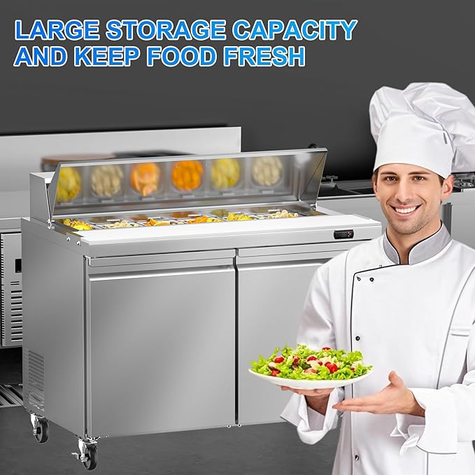 48" W Commercial Sandwich Prep Table Refrigerator, 13.8 Cu.ft Commercial Salad Bar with 12 Pans, Stainless Steel Refrigerated Sandwich Prep Table 2 Solid Door for Restaurant, Bar, Shop, etc.