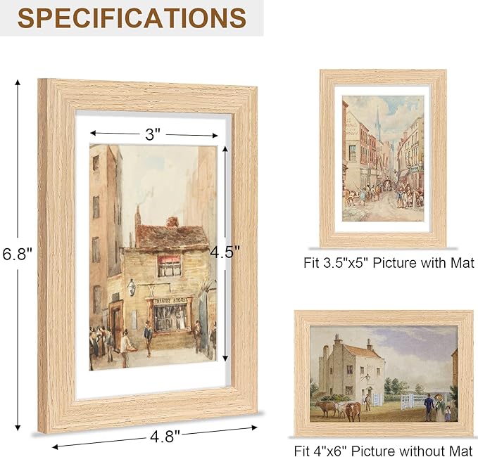 Vittanly 4x6 Picture Frame, Solid Wood Frame with Plexiglass, Includes 3.5x5 Mat, Wall Hanging or Tabletop for Photos, Home Decor, Natural, 1 Pack
