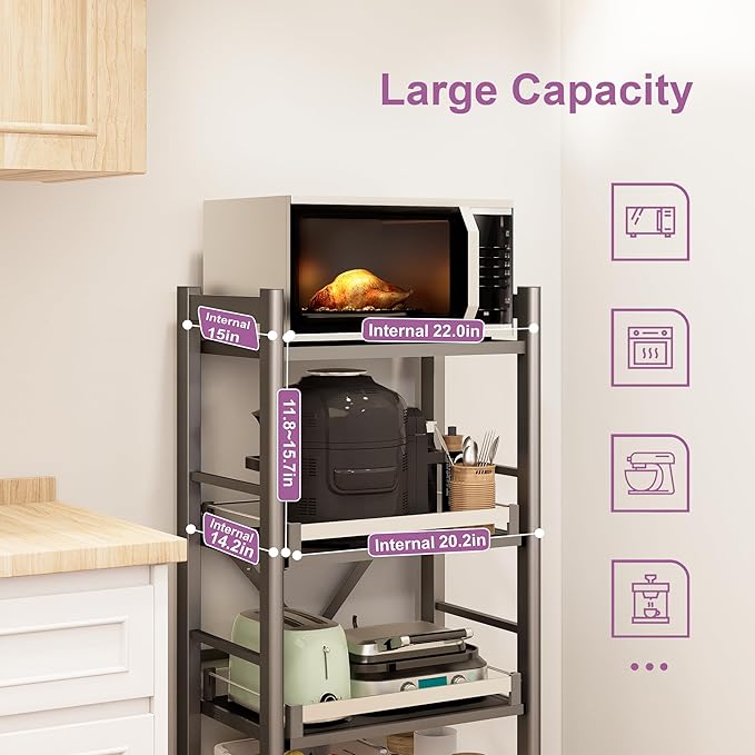 4-Tier Pull Out Kitchen Baker's Rack with Wheels, Heavy Duty Metal Microwave Stand with Storage, Adjustable Ktichen Shelves Freestanding, Rolling Utility Storage Cart (23.6''W x 49.2''H)