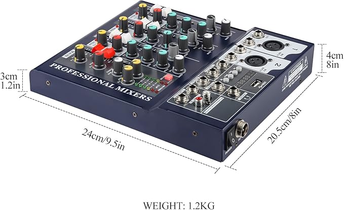 Dj Mixers 4 Channel Audio Mixer Sound Board with Bluetooth, Usb Audio Interface with 48V Phantom Power Sounds Mixer Board with FX Reverb Delay Effect for Streaming