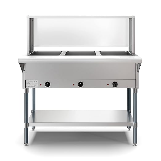 KoolMore 3-Pan Open Well Electric Stainless Steel Steam Table Food Warmer for Buffets with Sneeze Guard, Overshelf, Undershelf, Warming Control Knobs, Front Serving Area [120V] (KM-OWS-3SG), Silver