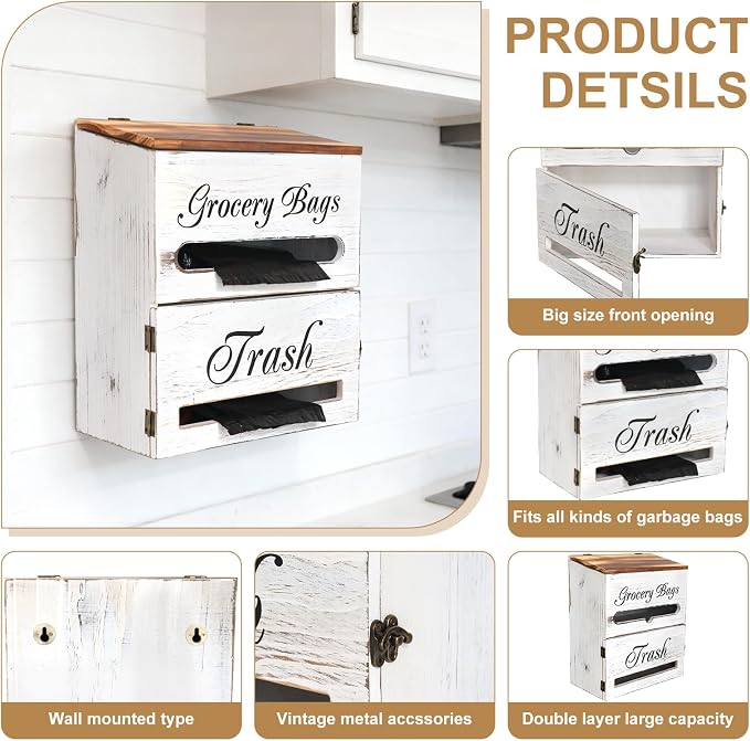 2 in 1 Trash Bag Dispenser, Double Wall Mounted, Wood Trash Bag Holder - Image 3