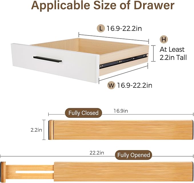 Adjustable Bamboo Drawer Dividers of 4, Expandable Organizers | Spring-Loaded - Image 2