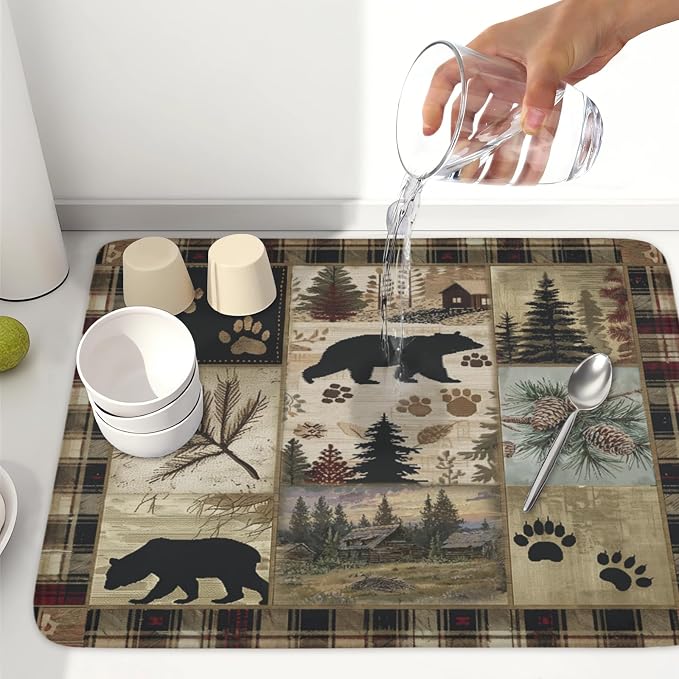 Giwawa Black Bear Dish Drying Mat Forest Cabin Decorative Dishes Pad 18x24 Inch - Image 6