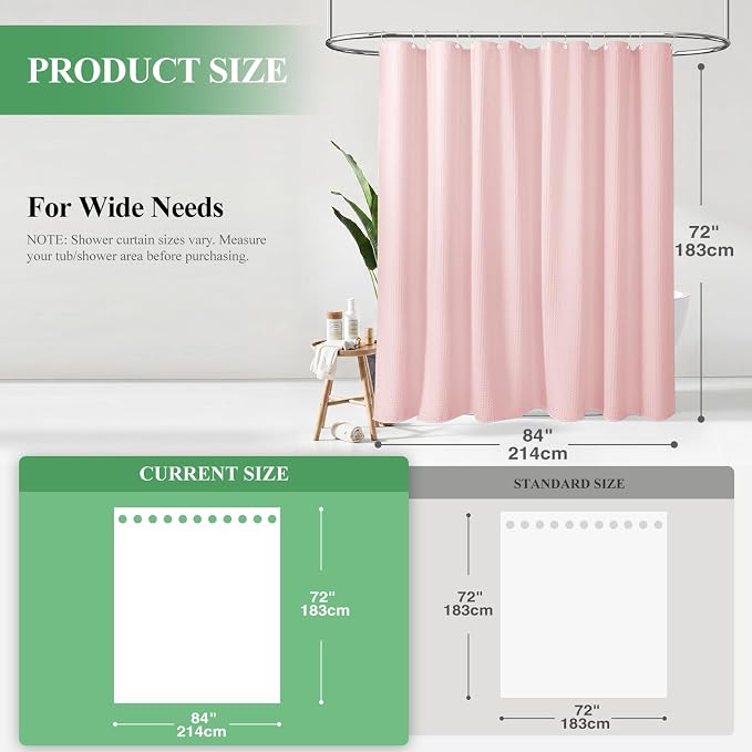 Dynamene Extra Wide Waffle Shower Curtain 256 GSM Fabric 84x72 Pink - Image 2