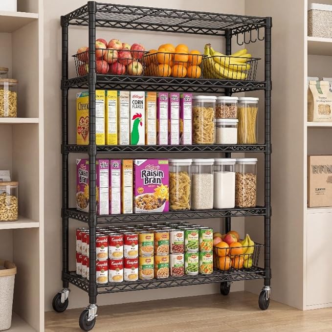 PrimeZone 74''H Wire Shelving 1250lbs 5 Tier Storage Shelves with Wheels NSF Certified Heavy Duty Steel Metal Shelf Adjustable Rolling Rack Kitchen Garage Closet Pantry Laundry 74''HX36''WX14''D