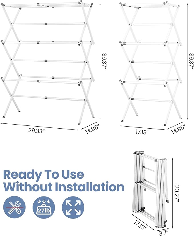 Oversize 3-Tier Clothes Drying Rack, No Install, Non-slip feet, Tool-free Setup - Image 2