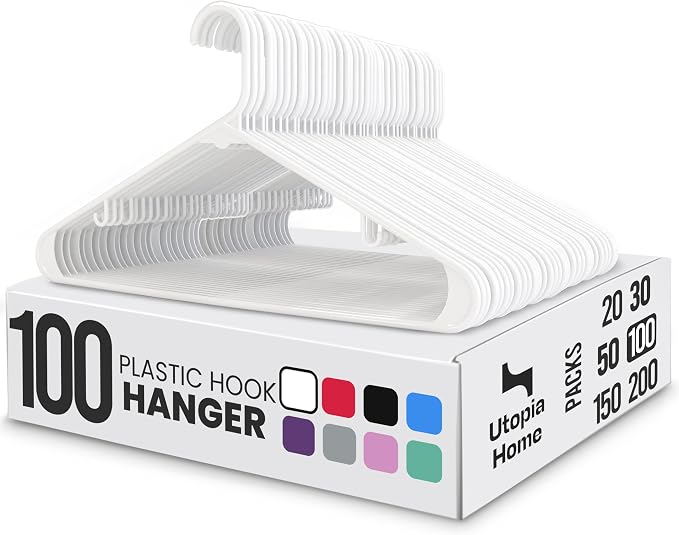 Utopia Home Plastic Hangers 100 Pack – Built-in Strap Hooks White | Space by UTOPIAHOME