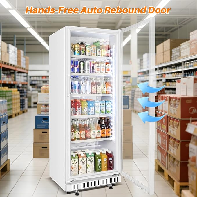 Commercial Beverage Refrigerator, 24.5" Glass Door Display Fridge, 15 Cu.Ft Beverage Cooler with 5 Adjustable Shelves, Auto Rebound Door, Low Noise, for Shops, Restaurants & Bars WHITE