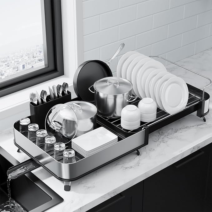 Kitsure Expandable Metal Dish Drying Rack, 16.1-26.6" L x 12.6" W, Auto-Drain by Kitsure