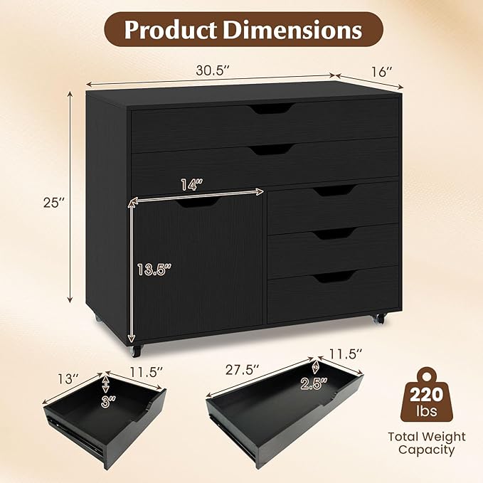 File Cabinet, Black Filing Cabinet w/Universal Wheels, Wood Printer Stand w/Storage, Rolling File Cabinets for Home Office, Living Dining Room (Black, 2 Large Drawers & 3 Small Drawers)