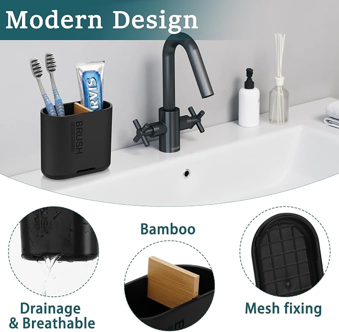 Bamboo Toothbrush Holder for Bathrooms Toothpaste Organizer, Kids Electric - Image 3