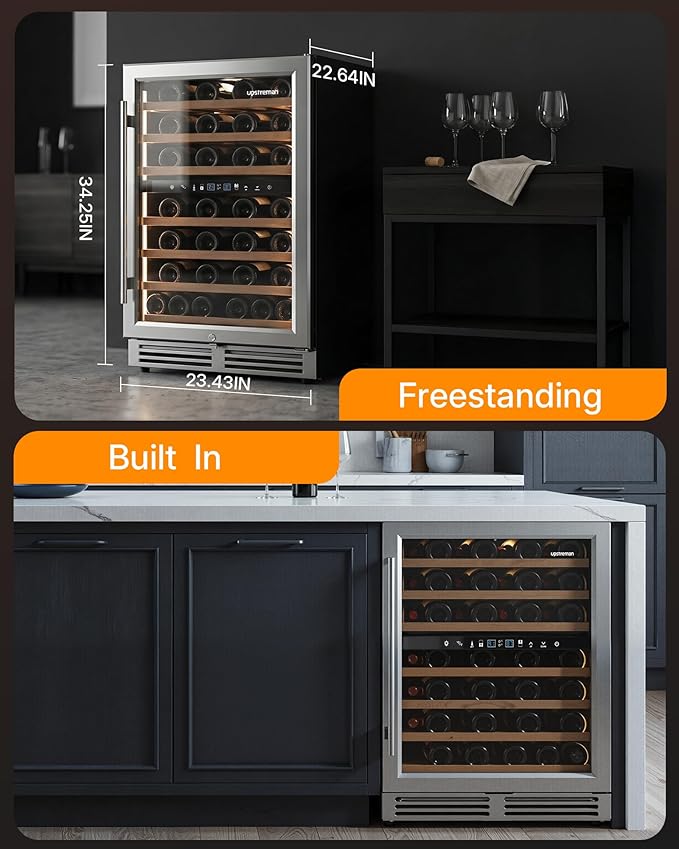 Upstreman 24 Inch Wine Fridge, 54 Bottles Dual Zone Wine Cooler Refrigerator, Small Built-in or Freestanding Wine Fridge with Stainless Steel Glass Door for Home, Office, or Kitchen, W54
