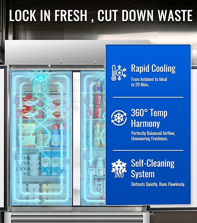 54" W Commercial Refrigerator, 49.6 Cu.ft Reach-In Double Door Stainless Steel commercial fridge, 6 Shelves, Fan Cooling, Auto Defrost, Digital Thermostat - Ideal for Restaurant, Bar, Cafe, Shop