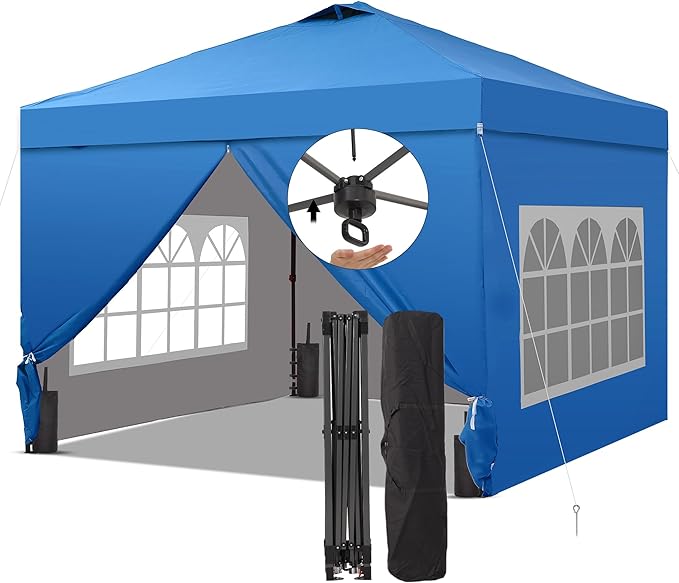 Saemoza 10x10 Pop Up Canopy Tent with One Push Setup, Portable Sun Shade Tent, Instant Easy Up Canopy with 4-Sidewalls & Handbag, Outdoor Fldable Gazebo with Vent Top, Blue.