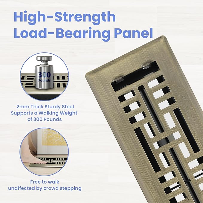 2x10 Inches Heavy Duty Walkable Floor Register Easy Adjust Air Supply Lever Floor Vents - Seattle Design - Vent Cover for Home Floor - Antique Brass