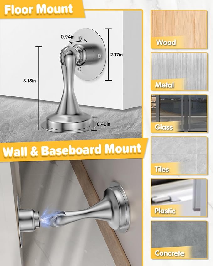 Door Stops for Bottom of Door Magnetic Door Catch Wall Mount 1 Pack Silver | - Image 3