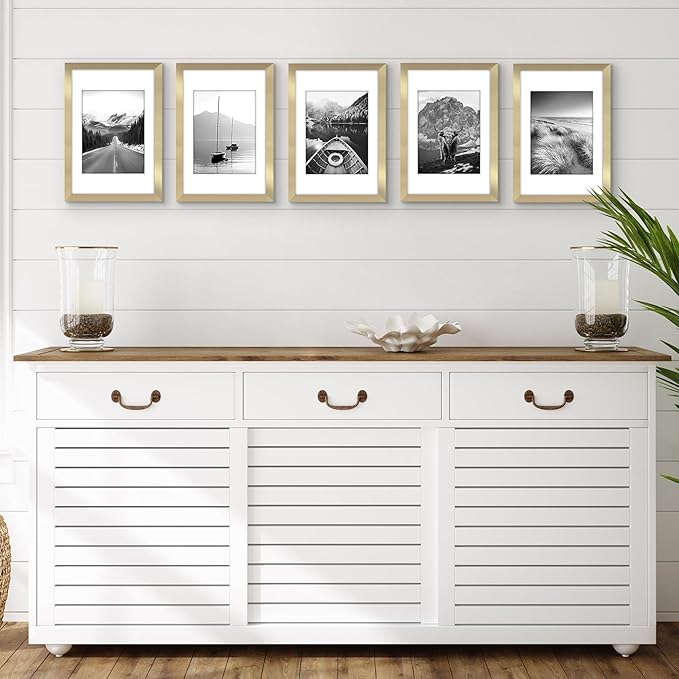 Americanflat 8x12 Picture Frame with Polished Plexiglass - Set of 5 - Use as 6x8 Frame with Mat or Display 8x12 Photo Without Mat - Galleria Collection - Picture Frames for Wall Display - Gold