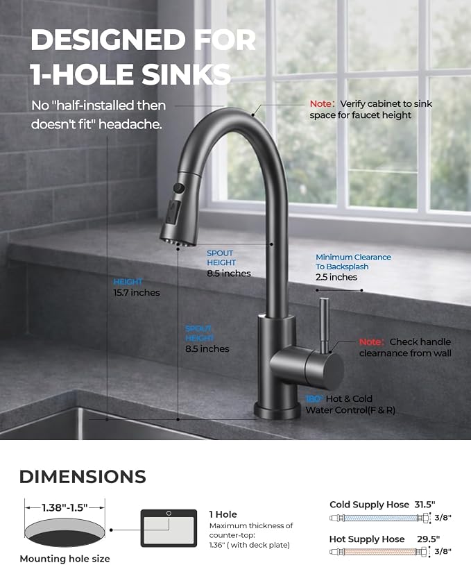 WEWE Pull-Down Kitchen Faucet, 3-Mode Sprayer, Matte Gray, Stainless Steel | - Image 6
