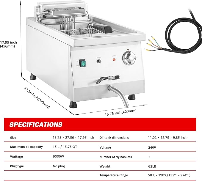 EGGKITPO 240V 9000W Commercial Electric Fryer with Oil Drain 13L Large Capacity 304 Stainless Steel Oil Tank Deep Fryer with Basket and Lid for Restaurant and Business (no plug)
