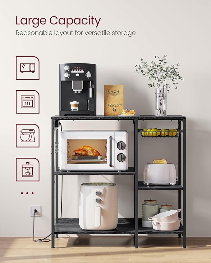 VASAGLE Baker's Rack, Coffee Bar Stand with Charging Station, 35.6 Inches Tall, Storage Shelves, Pull-Out Wire Basket, Table for Microwave, Kitchen, Charcoal Gray and Ink Black UKKS036B22