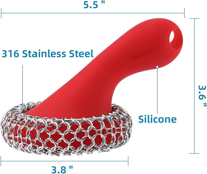 SUBEKYU Cast Iron Scrubber with Silicone Handle, Stainless Steel Cast Iron Skillet Cleaner Chainmail Scrubber for Cast Iron Pans, Red