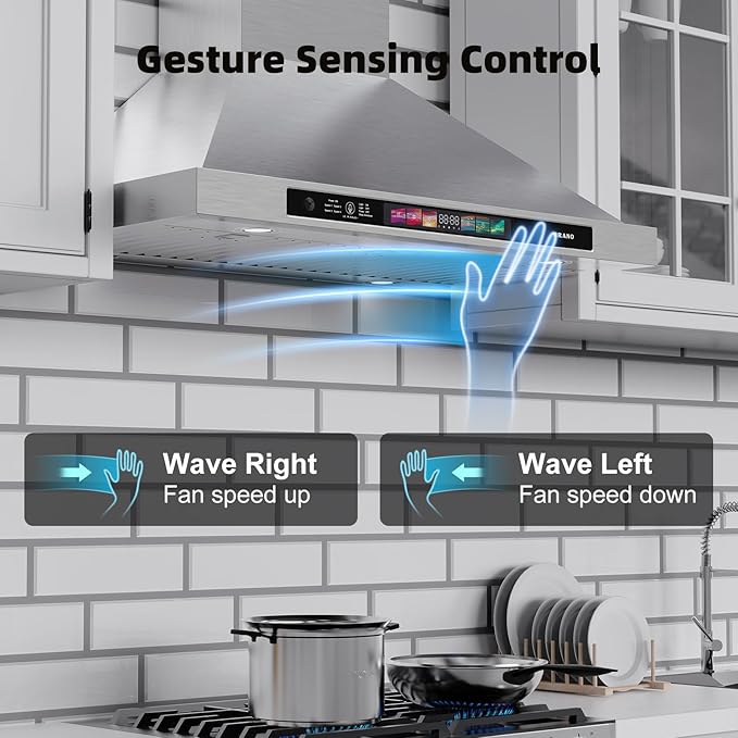 BRANO 36-inch Wall Mount Range Hood 900 CFM with Voice/Gesture/Touch Control, Kitchen Hood Vent with 4 Speed Exhaust Fan, Ducted/Ductless Convertible