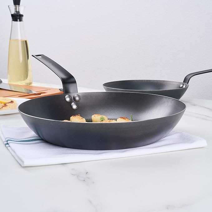 Met Lux 11 Inch Fry Pan, 1 Lightweight Frying Pan - Induction-Ready, Triple-Riveted, Black Carbon Steel Cooking Skillet, Durable, For Searing, Sauteing, And Browning Food - Restaurantware