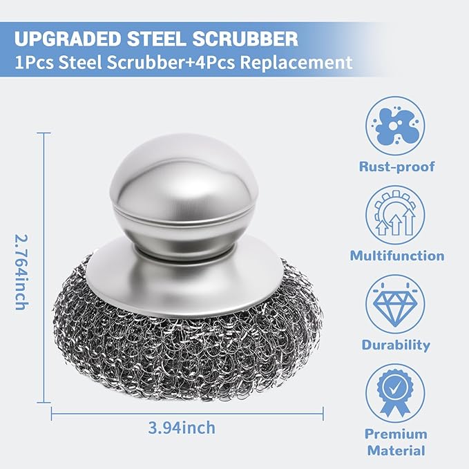 Steel Wool Scrubber with Handle, 5Pcs Stainless Steel Scrubber Set, Metal Pan & Pot Cleaner for Cast Iron, Grill, Stove, Oven, Sink, Stubborn Messes (1 Handle +4 Pads)