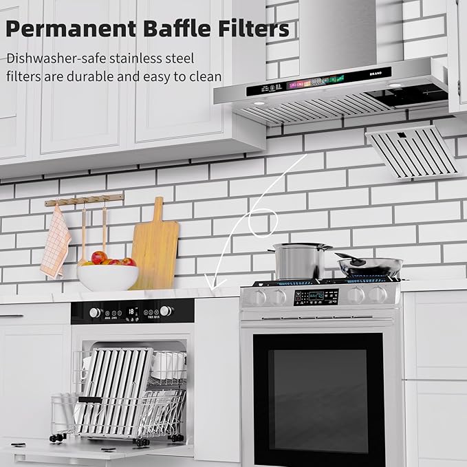 BRANO 30 Inch Wall Mount Range Hood 900 CFM with Voice/Gesture/Touch Control, Stainless Steel Ducted Kitchen Hood Vent with 4 Speed Exhaust Fan, Memory Mode, Adjustable Lights