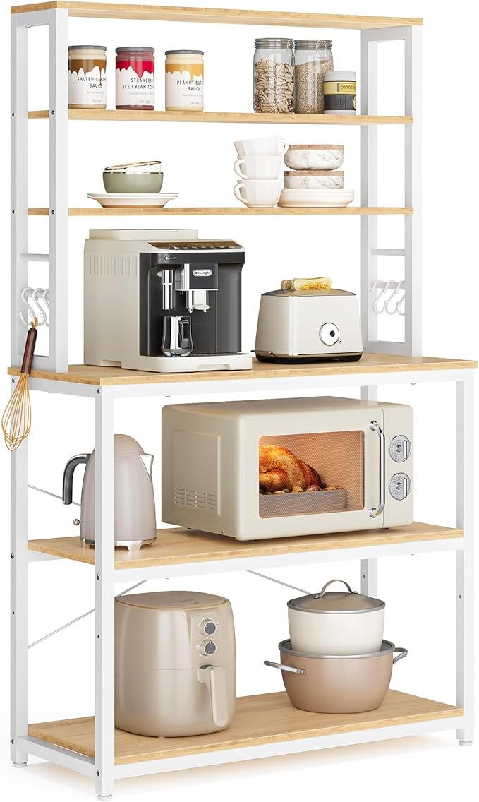 VASAGLE Coffee Bar, 31.5 Inches Baker's Rack for Kitchen with Storage, 6-Tier Kitchen Shelves with 6 Hooks, Microwave Stand, Modern, Golden Oak and Cloud White UKKS019W09