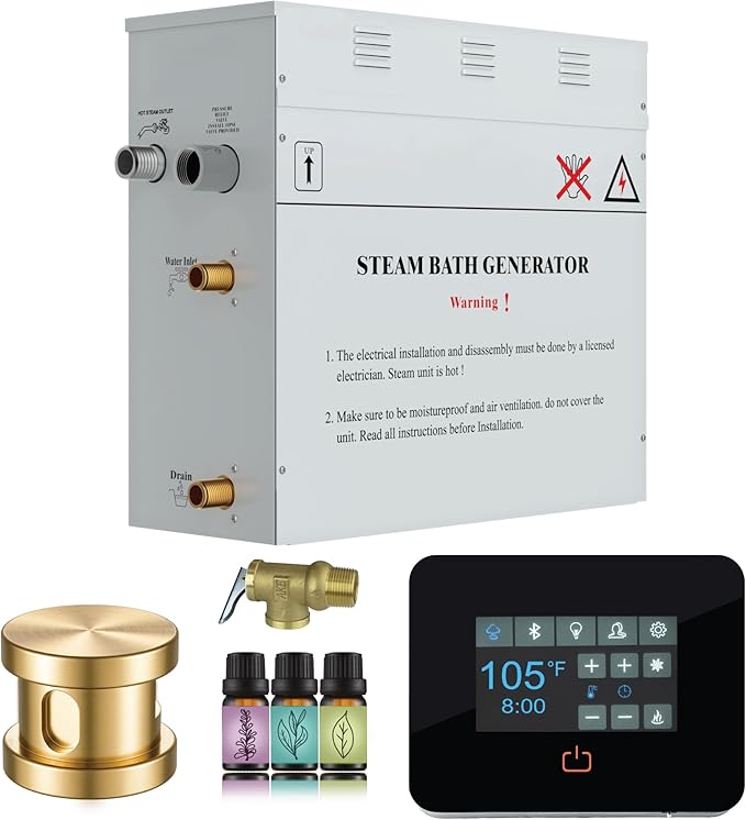 Builders Series 7.5kW Steam Bath Generator with Quickstart Continuous Steam, Black Digital Touch Pad, Built-in Auto-Drain, and Aroma Steamhead in Gold Finish