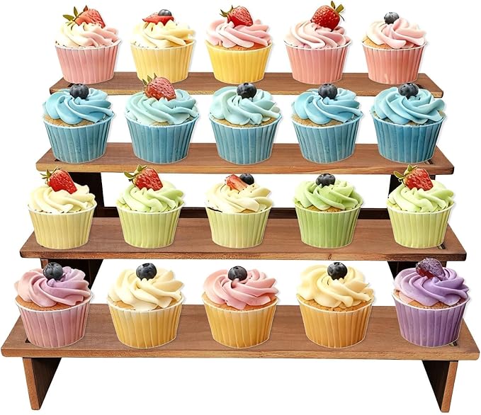 4 Tier Cupcake Stand for 24 Cupcakes - Wooden Tiered Display Stand, Rustic Wood Display Risers for Vendor Events, Cup Cake, Dessert, Spice Rack, Candles, Matcha Station, No Tools Required to Install