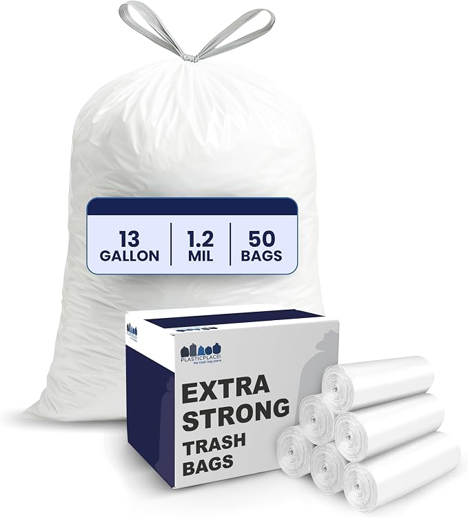 Plasticplace 13 Gallon Trash Bags │ 1.2 Mil │ White Extra-Large Drawstring by Plasticplace